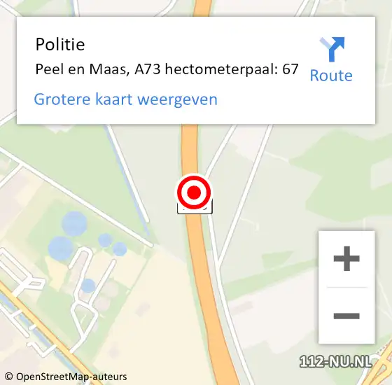 Locatie op kaart van de 112 melding: Politie Peel en Maas, A73 hectometerpaal: 67 op 6 juni 2021 21:25