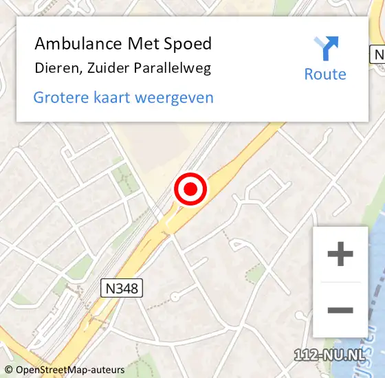 Locatie op kaart van de 112 melding: Ambulance Met Spoed Naar Dieren, Zuider Parallelweg op 8 juni 2021 17:49