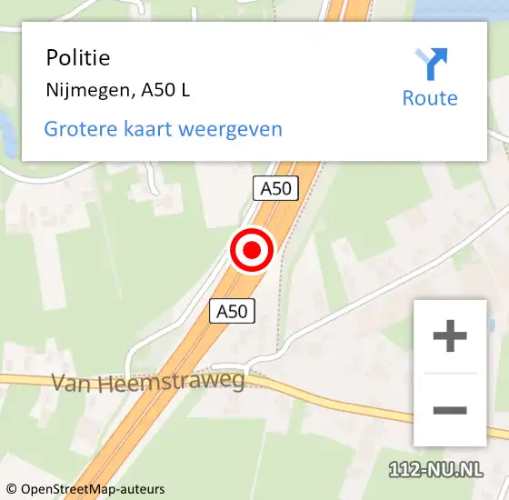 Locatie op kaart van de 112 melding: Politie Nijmegen, A50 L op 12 juni 2014 19:05