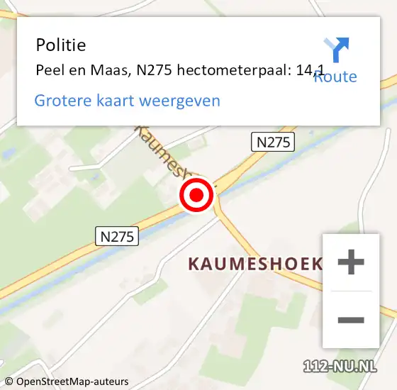 Locatie op kaart van de 112 melding: Politie Peel en Maas, N275 hectometerpaal: 14,1 op 9 juni 2021 16:18