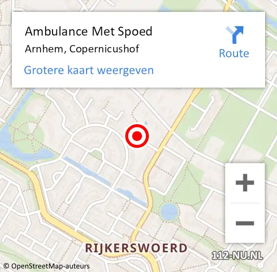Locatie op kaart van de 112 melding: Ambulance Met Spoed Naar Arnhem, Copernicushof op 10 juni 2021 01:47