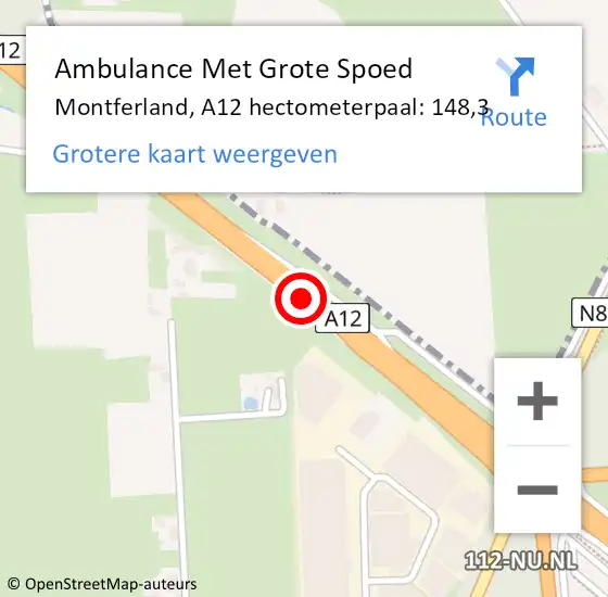 Locatie op kaart van de 112 melding: Ambulance Met Grote Spoed Naar Montferland, A12 hectometerpaal: 148,3 op 10 juni 2021 13:24