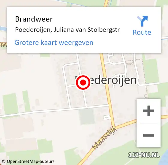 Locatie op kaart van de 112 melding: Brandweer Poederoijen, Juliana van Stolbergstr op 11 juni 2021 10:29