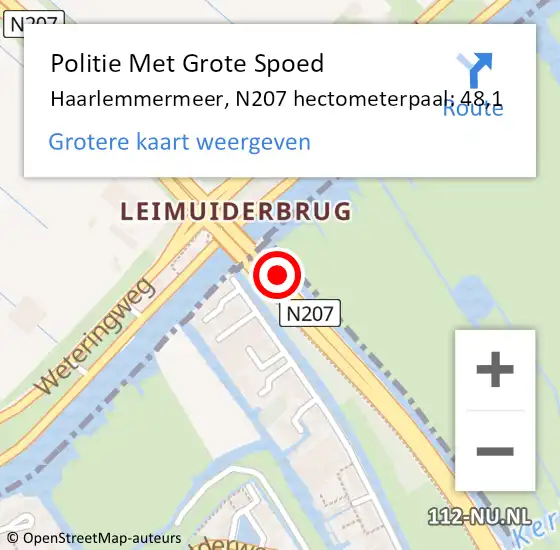 Locatie op kaart van de 112 melding: Politie Met Grote Spoed Naar Haarlemmermeer, N207 hectometerpaal: 48,1 op 11 juni 2021 15:18