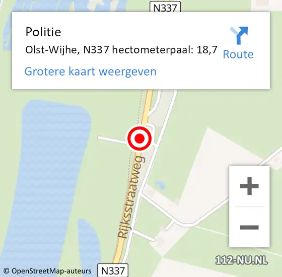 Locatie op kaart van de 112 melding: Politie Olst-Wijhe, N337 hectometerpaal: 18,7 op 11 juni 2021 16:56