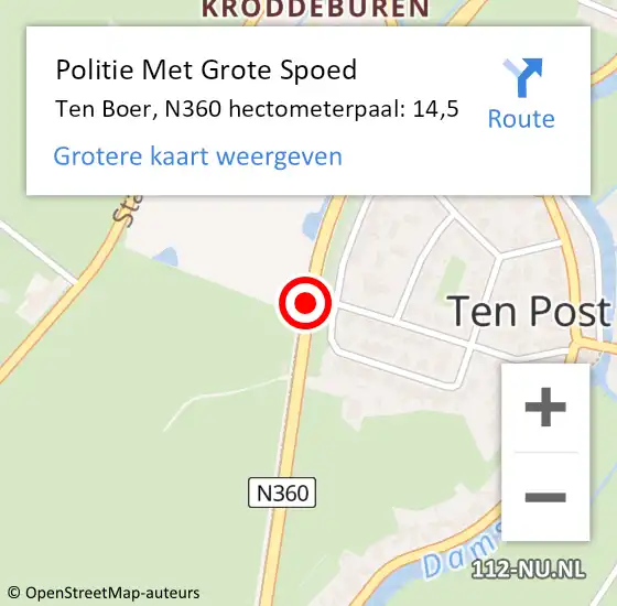 Locatie op kaart van de 112 melding: Politie Met Grote Spoed Naar Ten Boer, N360 hectometerpaal: 14,5 op 11 juni 2021 19:05