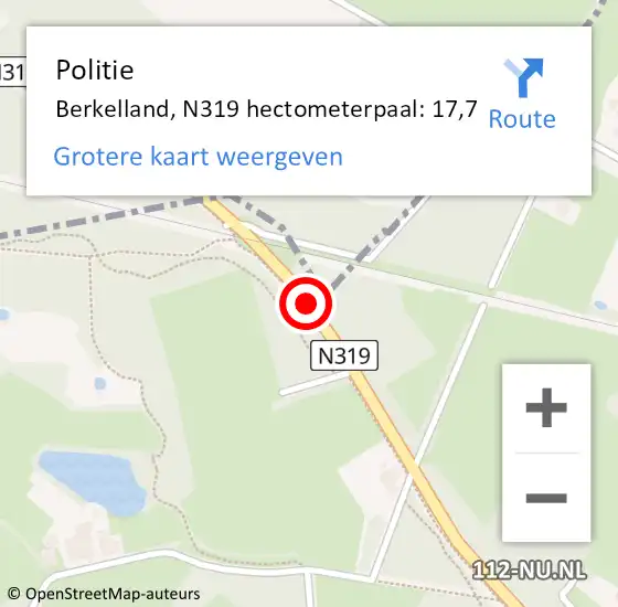 Locatie op kaart van de 112 melding: Politie Berkelland, N319 hectometerpaal: 17,7 op 12 juni 2021 04:16