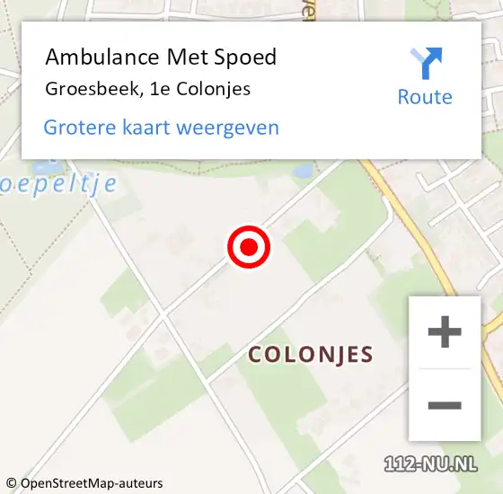 Locatie op kaart van de 112 melding: Ambulance Met Spoed Naar Groesbeek, 1e Colonjes op 12 juni 2021 16:08