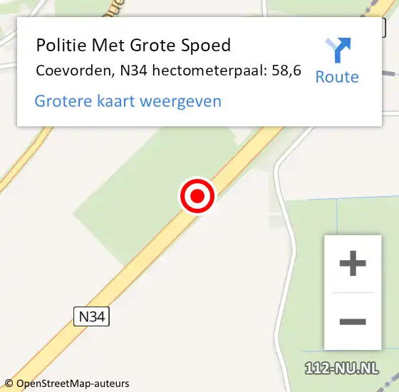 Locatie op kaart van de 112 melding: Politie Met Grote Spoed Naar Coevorden, N34 hectometerpaal: 58,6 op 14 juni 2021 07:01