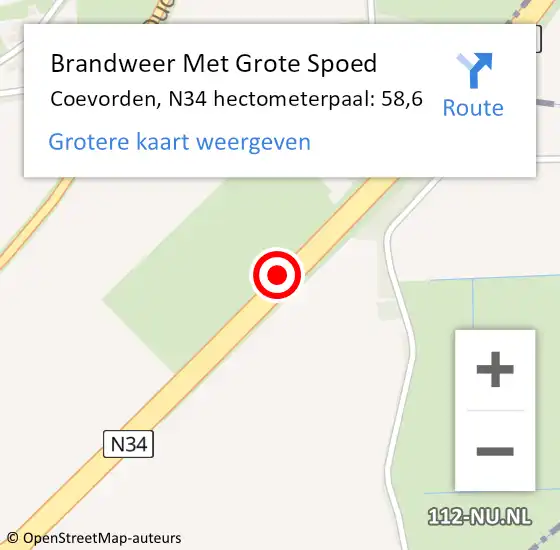 Locatie op kaart van de 112 melding: Brandweer Met Grote Spoed Naar Coevorden, N34 hectometerpaal: 58,6 op 14 juni 2021 07:02