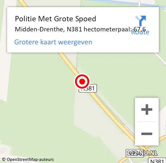Locatie op kaart van de 112 melding: Politie Met Grote Spoed Naar Midden-Drenthe, N381 hectometerpaal: 67,6 op 14 juni 2021 14:19