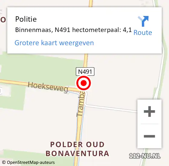 Locatie op kaart van de 112 melding: Politie Binnenmaas, N491 hectometerpaal: 4,1 op 14 juni 2021 15:26