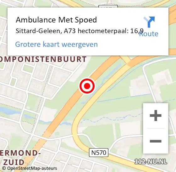 Locatie op kaart van de 112 melding: Ambulance Met Spoed Naar Sittard-Geleen, A73 hectometerpaal: 16,9 op 14 juni 2021 18:24
