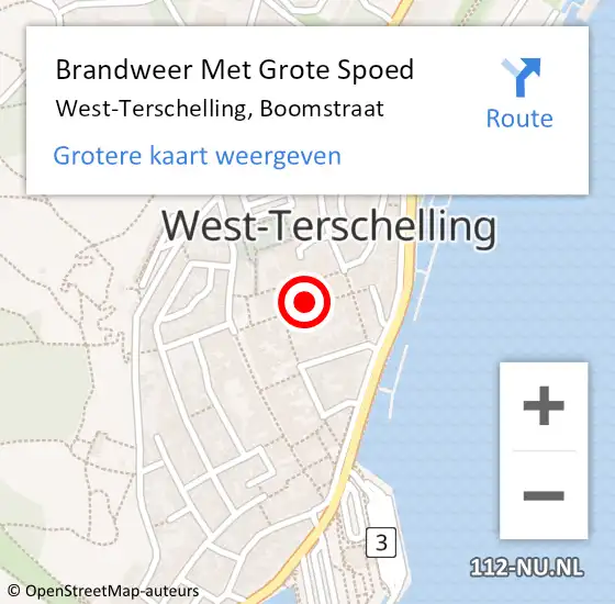 Locatie op kaart van de 112 melding: Brandweer Met Grote Spoed Naar West-Terschelling, Boomstraat op 14 juni 2021 23:50