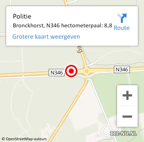 Locatie op kaart van de 112 melding: Politie Bronckhorst, N346 hectometerpaal: 8,8 op 16 juni 2021 15:46