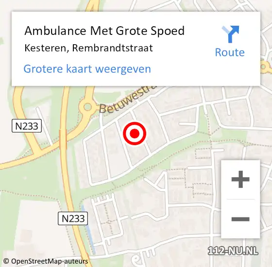 Locatie op kaart van de 112 melding: Ambulance Met Grote Spoed Naar Kesteren, Rembrandtstraat op 16 juni 2021 16:59