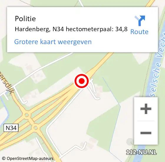 Locatie op kaart van de 112 melding: Politie Hardenberg, N34 hectometerpaal: 34,8 op 16 juni 2021 17:38