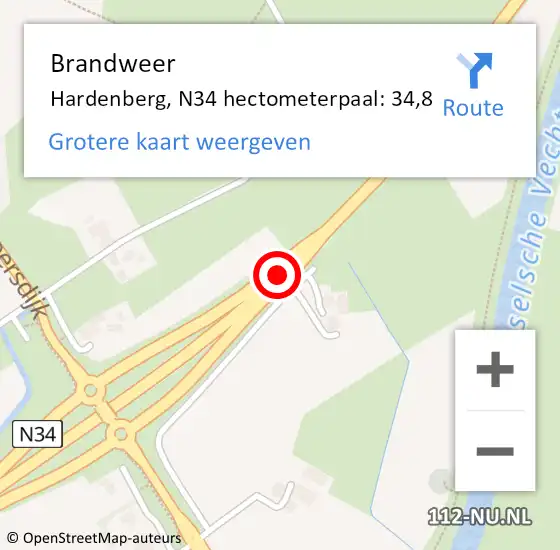 Locatie op kaart van de 112 melding: Brandweer Hardenberg, N34 hectometerpaal: 34,8 op 16 juni 2021 17:40