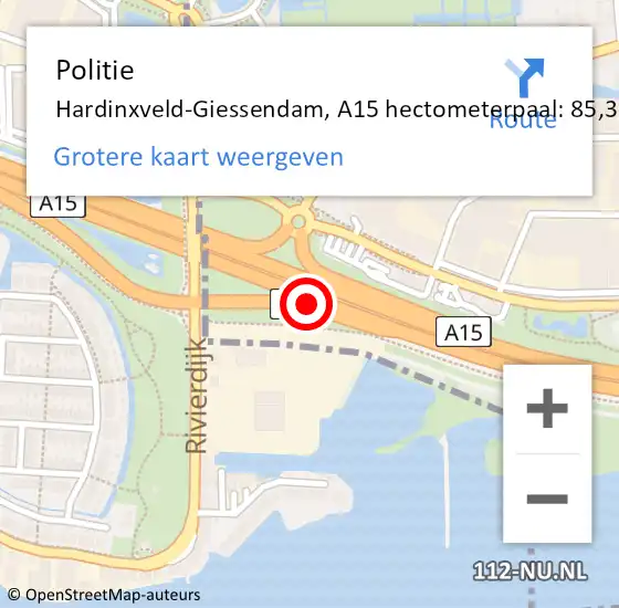 Locatie op kaart van de 112 melding: Politie Hardinxveld-Giessendam, A15 hectometerpaal: 85,3 op 19 juni 2021 09:22