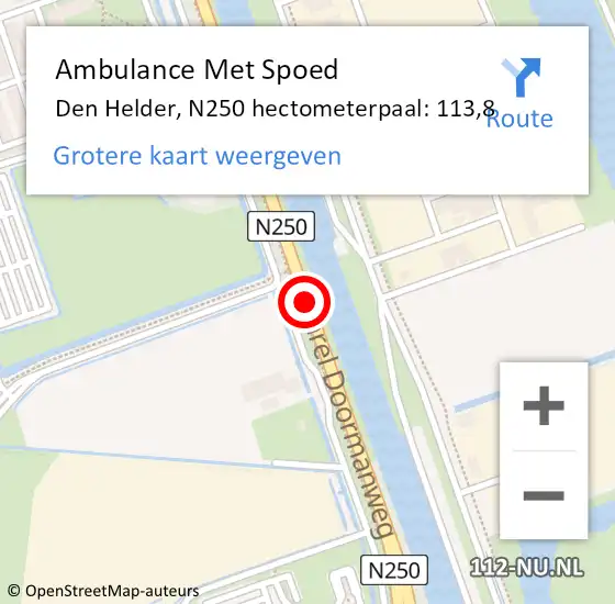 Locatie op kaart van de 112 melding: Ambulance Met Spoed Naar Den Helder, N250 hectometerpaal: 113,8 op 20 juni 2021 14:07