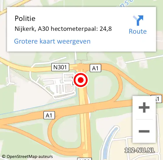 Locatie op kaart van de 112 melding: Politie Nijkerk, A30 hectometerpaal: 24,8 op 23 juni 2021 23:43