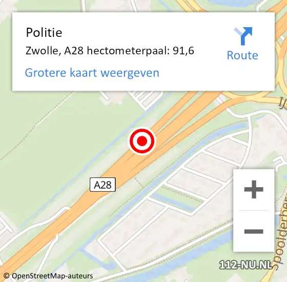 Locatie op kaart van de 112 melding: Politie Zwolle, A28 hectometerpaal: 91,6 op 24 juni 2021 08:18