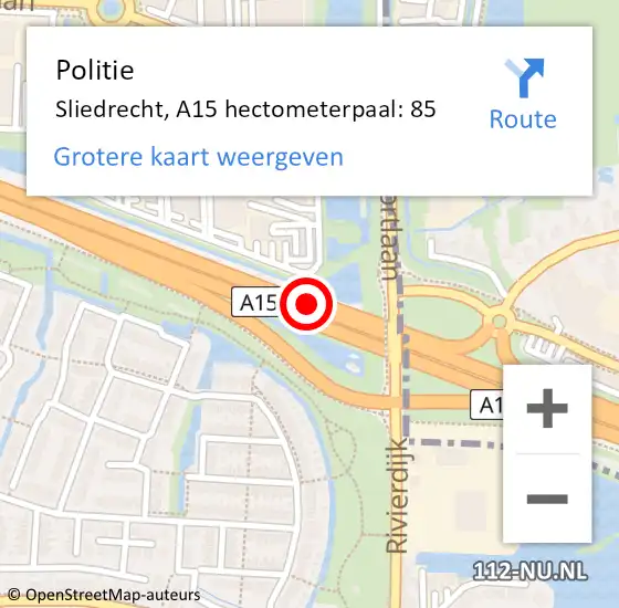 Locatie op kaart van de 112 melding: Politie Hardinxveld-Giessendam, A15 hectometerpaal: 85 op 24 juni 2021 13:33