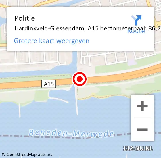 Locatie op kaart van de 112 melding: Politie Hardinxveld-Giessendam, A15 hectometerpaal: 86,7 op 24 juni 2021 20:05