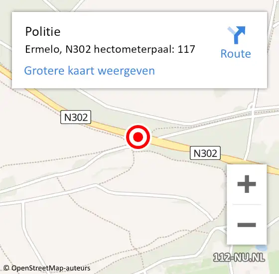 Locatie op kaart van de 112 melding: Politie Ermelo, N302 hectometerpaal: 117 op 26 juni 2021 04:45