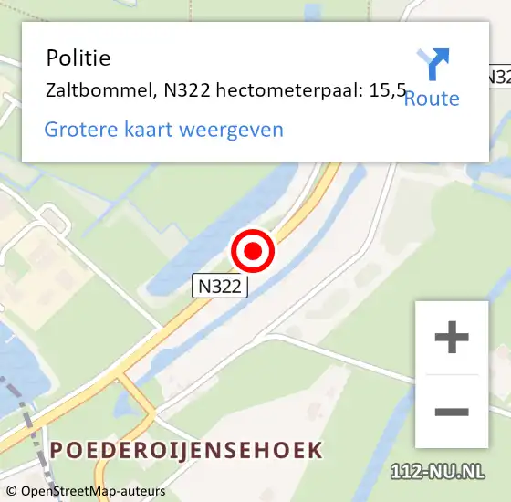 Locatie op kaart van de 112 melding: Politie Zaltbommel, N322 hectometerpaal: 15,5 op 26 juni 2021 09:57