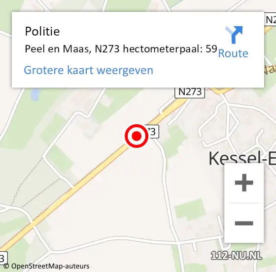 Locatie op kaart van de 112 melding: Politie Peel en Maas, N273 hectometerpaal: 59 op 26 juni 2021 16:17