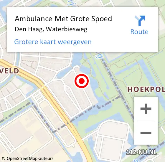 Locatie op kaart van de 112 melding: Ambulance Met Grote Spoed Naar Den Haag, Waterbiesweg op 26 juni 2021 19:36