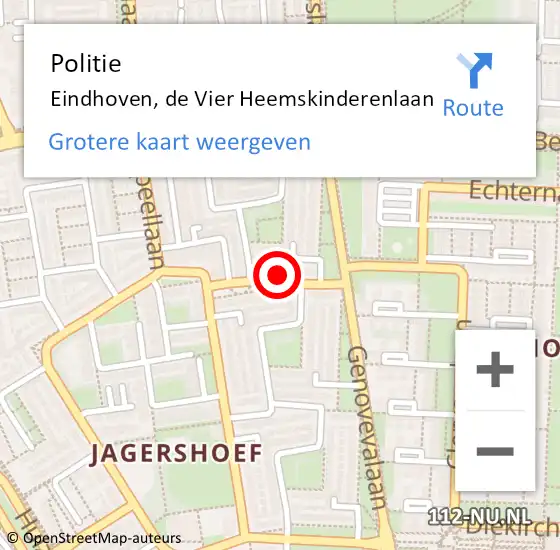 Locatie op kaart van de 112 melding: Politie Eindhoven, de Vier Heemskinderenlaan op 27 juni 2021 05:33