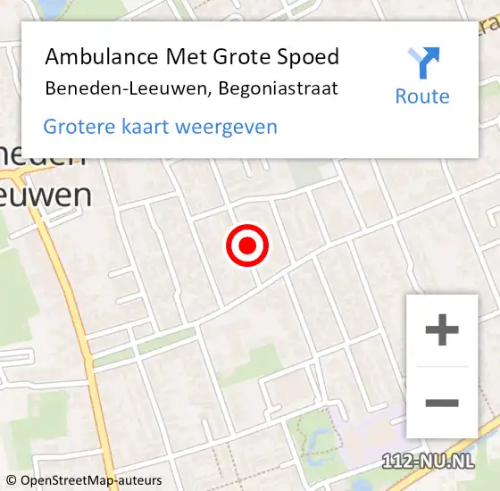 Locatie op kaart van de 112 melding: Ambulance Met Grote Spoed Naar Beneden-Leeuwen, Begoniastraat op 27 juni 2021 15:06