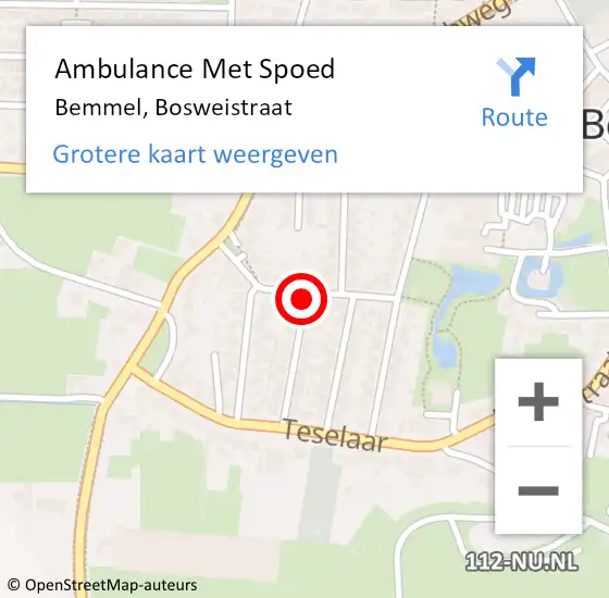 Locatie op kaart van de 112 melding: Ambulance Met Spoed Naar Bemmel, Bosweistraat op 28 juni 2021 01:58
