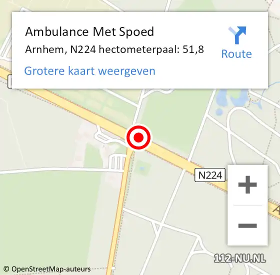 Locatie op kaart van de 112 melding: Ambulance Met Spoed Naar Arnhem, N224 hectometerpaal: 51,8 op 28 juni 2021 08:23