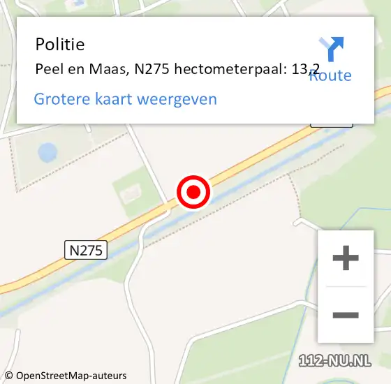 Locatie op kaart van de 112 melding: Politie Peel en Maas, N275 hectometerpaal: 13,2 op 29 juni 2021 08:31