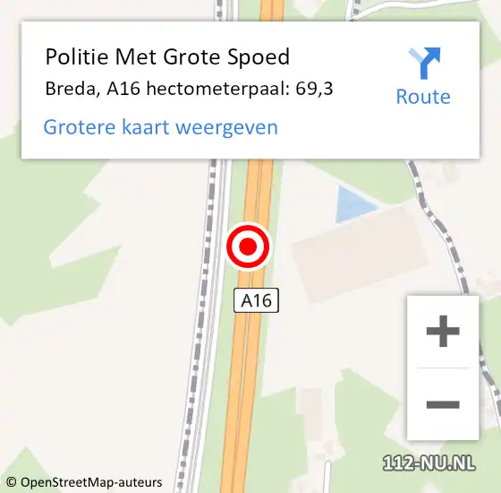 Locatie op kaart van de 112 melding: Politie Met Grote Spoed Naar Breda, A16 hectometerpaal: 69,3 op 30 juni 2021 12:51