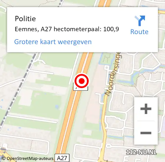 Locatie op kaart van de 112 melding: Politie Eemnes, A27 hectometerpaal: 100,9 op 30 juni 2021 13:05