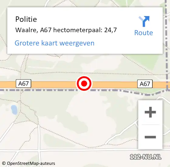 Locatie op kaart van de 112 melding: Politie Waalre, A67 hectometerpaal: 24,7 op 30 juni 2021 18:20