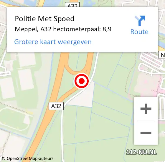 Locatie op kaart van de 112 melding: Politie Met Spoed Naar Meppel, A32 hectometerpaal: 8,9 op 1 juli 2021 00:18