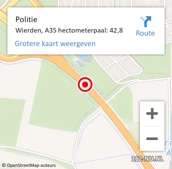 Locatie op kaart van de 112 melding: Politie Wierden, A35 hectometerpaal: 42,8 op 1 juli 2021 16:07