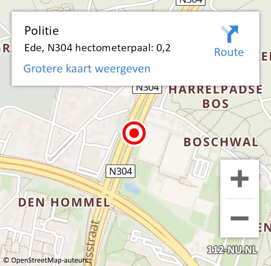 Locatie op kaart van de 112 melding: Politie Ede, N304 hectometerpaal: 0,2 op 2 juli 2021 06:36