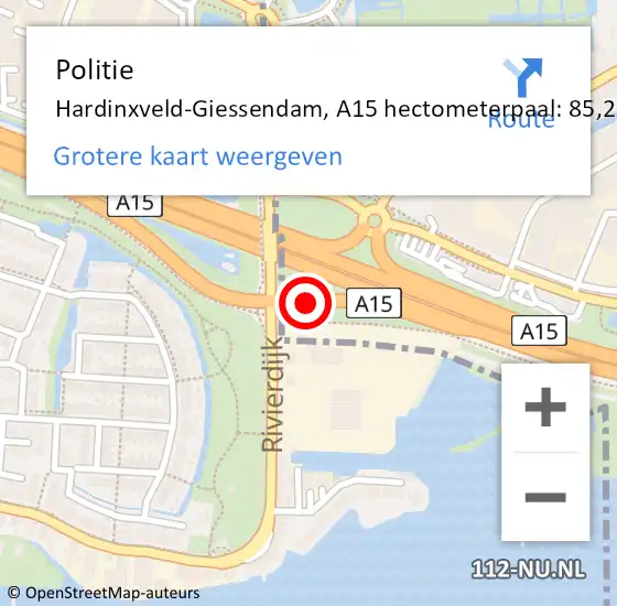 Locatie op kaart van de 112 melding: Politie Hardinxveld-Giessendam, A15 hectometerpaal: 85,2 op 3 juli 2021 09:50