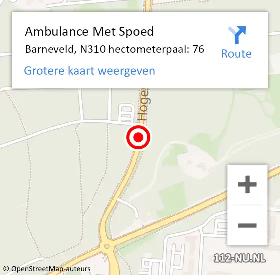 Locatie op kaart van de 112 melding: Ambulance Met Spoed Naar Barneveld, N310 hectometerpaal: 76 op 3 juli 2021 13:49