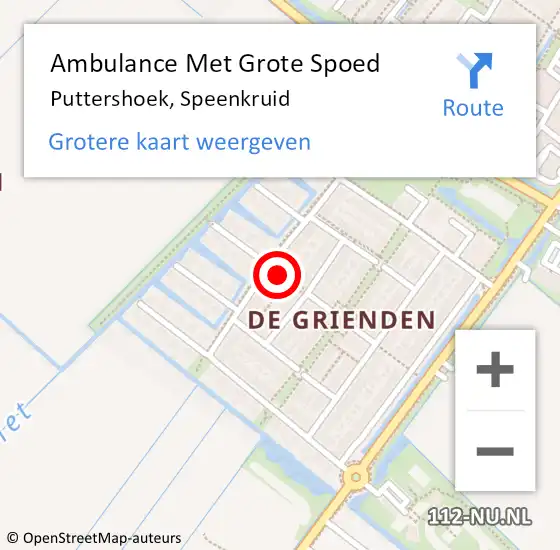 Locatie op kaart van de 112 melding: Ambulance Met Grote Spoed Naar Puttershoek, Speenkruid op 3 juli 2021 15:46