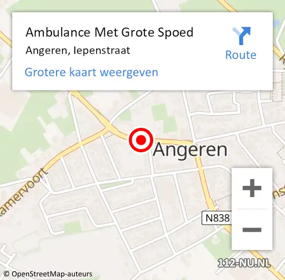 Locatie op kaart van de 112 melding: Ambulance Met Grote Spoed Naar Angeren, Iepenstraat op 3 juli 2021 16:24