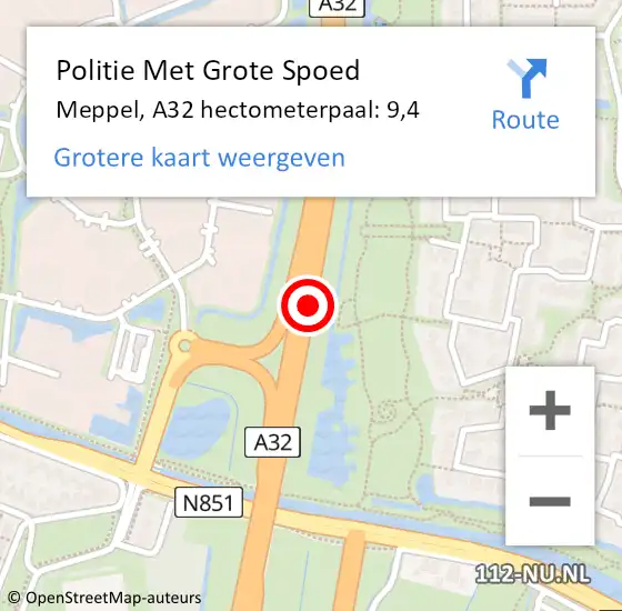 Locatie op kaart van de 112 melding: Politie Met Grote Spoed Naar Meppel, A32 hectometerpaal: 9,4 op 5 juli 2021 01:57