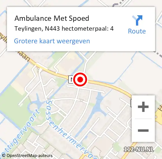 Locatie op kaart van de 112 melding: Ambulance Met Spoed Naar Teylingen, N443 hectometerpaal: 4 op 5 juli 2021 14:23