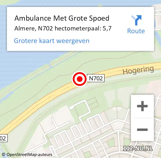 Locatie op kaart van de 112 melding: Ambulance Met Grote Spoed Naar Almere, N702 hectometerpaal: 5,7 op 6 juli 2021 04:30